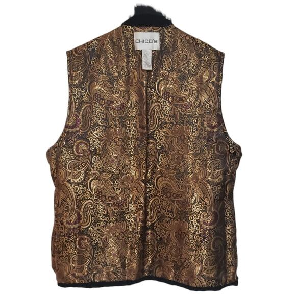 Reversible Quilted Velvet Paisley Vest by Chico’s, Rabbit Fur Collar, Sz M VTG - Picture 4 of 10